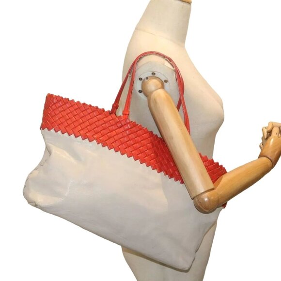 Bottega Veneta Red Woven Leather and Ivory Taupe Leather Tote Bag - Picture 8 of 10